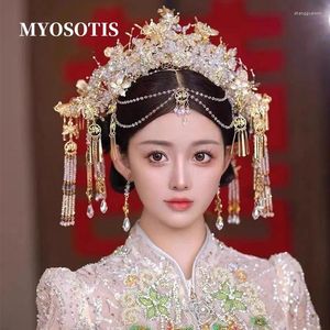 Saç klipleri Çin düğün kristal boncuklu phoenix taç aksesuarları lüks ejderha ve kıyafet geleneksel hanfu gelin saç giysisi