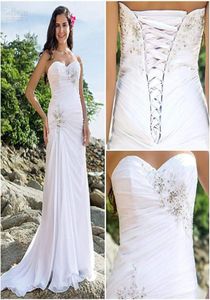 2019 New Design White Chiffon Summer Beach Wedding Dreess 연인 구슬 Ruffle Laceup Sweep Train Backless Sherm Summer Summer DRES9233520