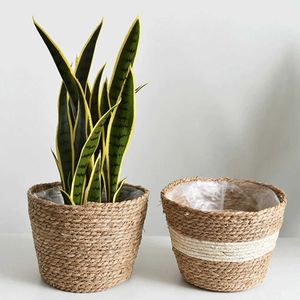 Planters Pots Sea grass woven plant basket natural flower pot decoration living room organizer outdoor beige color Q2404291