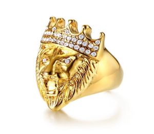 Gold Color Classic 316L Edelstahl Männer Punk Hip Hop Ring Cool Lion Head Band Gold Ring Jewelry9636401