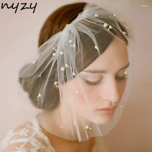 Bridal Véils Nyzy V9 Real Pearls Ivory Birdcage Veil Blusher Wedding Short With Comb Voile Velo Novia 2024