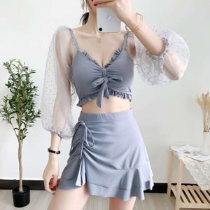 Women's Swimwear Swimming suit womens split body sexy bikini skirt style long sleeved hot spring slimming small chest gathering 2024 new oversized outfit