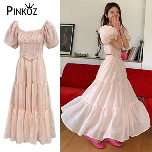 Work Dresses Pinkoz Two Pieces Set Pink Slash Neck Puff Sleeve High Quality Luxury Summer Tops Slimy Top Midi A-line Skirts Sweet Outfit