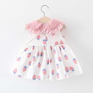 Flickas klänningar sommar baby flickor strberry tryck ruffles lapel krage ärmlös sundress prinsessan fest barn tutu klänning +räv väska vestidos