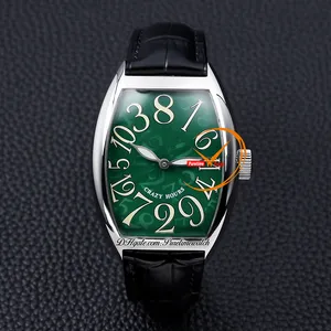 Curvex Помните 8880CH Carzy Hours A21J Автоматические мужские мужские часы Green Textured Dial Белые цифры черные кожаные часы работы