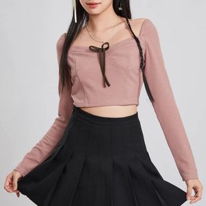 Women's T Shirts Y2k Spring Summer Slim Crop Tops Ribbed Long Sleeve Sweetheart Neck Bow Tie Sweet Club Streetwear