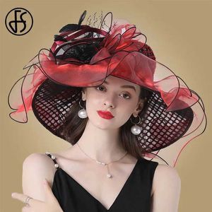 Wide Brim Hats Bucket Hats FS Women Organza Red Hats Wedding Fascinators Elegant Big Wide Brim Fedora Kentucky Derby Hats Party Formal Church Ladies Hat Y240426