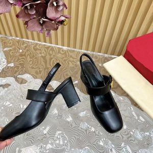 Thick Heel Sandals Women's Middle Heels New Genuine Leather 6.5cm Fashion Classic Color Matching High Heels Baotou Channel Dress Shoes 35-41