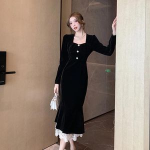 Vestidos casuais Mulheres vestido 2024 Coreia Office Lady Lady Lady Vintage Flouned Solid Slave Slave Square Collar Black