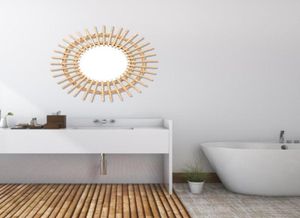 Rattan Ayna Yenilikçi Sanat Dekorasyon Yuvarlak Makyaj Aynası Banyosu Banyo İskandinav Birincil Renk Hasır Duvar Asma Ayna T2002101403