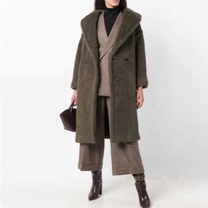 Elegancki moda luksusowy płaszcz kaszmirowy płaszcz wełniany wełniany płaszcz damski Teddy Alpaca jedwabny płaszcz futra khaki zielony dla kobiet maxmaras