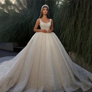 2024 luxuriöses Ballkleid Hochzeitskleid Square Neck Spaghetti Gurt Perlen -Sequine Braut Formalkleider Robe Mariage Vestidos de Novia Arabisch Dubai