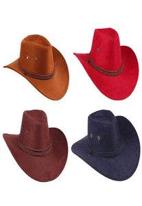 2019 Yeni Western Cowboy Kovboy Kız Kahraman Stili Retro Siyah Kahverengi Kırmızı Sahte Deri Erkek Kadınlar Binicilik Kapağı Geniş Brim 58cm Bütün Q04808978