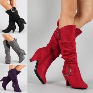 Boots FHANCHU 2024 Flock Knee High Women's Buckle Strap Autumn/Winter Shoes Long Botas Side Zip Round Toe Black Red Dropship