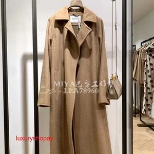 Maxmaras Womens Wrap Coat Camel Hair Coats Manuela Solid Color Polo Collar Long Sleeve Lace Up Mid Length Woolen Loose for Women Rjg4