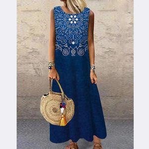 Sommarstil Positionering Flower Round Neck Sleeveless Loose Printed Dress Long For Women