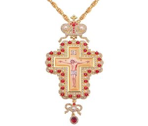 whole Hop 120cm Long Necklace Pearl Crystal Cross Necklace Gold Color Orthodox Pectoral Enamel Bishop Encolpion Cross for Bish5864601