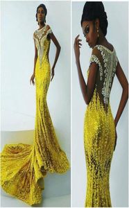Bright Yellow Lace Mermaid Prom Dresses For Africa Women 2016 Applique Beads Evening Gowns Sweep Train Black Girl Party Dresses2386329
