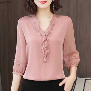 Women's Blouses Shirts Womens Spring/Summer Style Shirt Womens Casual one-third sleeved V-neck pleated edge decoration blue top DF3732L2405