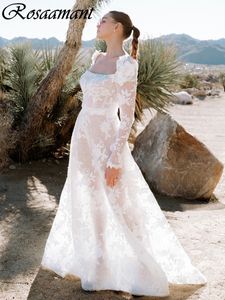 우아한 사각형 칼라 아플리케 레이스 A- 라인 웨딩 드레스 긴 소매 신부 가운 로브 드 마리에