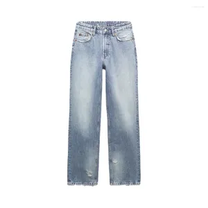 Kvinnors jeans zach aiisa högkvalitativa klädmode mångsidiga retro design rippade löst rakt ben