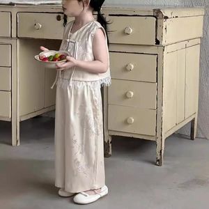 Kleidungssets Sommermädchen Set Kids Casual Chinese Style Ärmel und feste Hose mit weitem Bein 2pcs Kleidung Outfits 1-10y