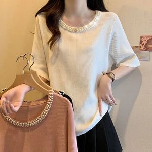 Summer KPOP Fashion Style Elegant Loose Office Lady Tshirts for Women Decorations O Neck Short Sleeve Y2K Tops 240422