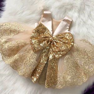 Klänningar Big Bow Flower Champagne 1Srt Birthday Dress Baby Girl Clothes Princess Party Dopklänning Spädbarn Vestidos Småbarnsdräkt