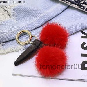 IECE Mink Fur Pom Keychain Cherry Fluffy Bag Purse Charms Leather Key Chains Llaveros Para Mujer Female Gift 231222 YPPR