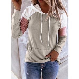 Frauen Frühling Hoodies Casual Farbblock Langschläre Kordelzug Pullover Sweatshirts Frauen Patchwork Kapuze mit Tasche 240428