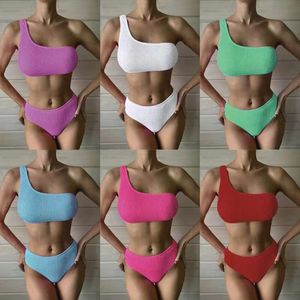 Women's Swimwear 2024 new swimsuit womens solid color snake cloth bikini one shoulder high waist sexy bikini