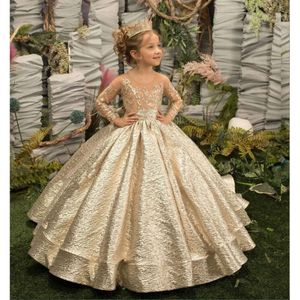 Платье принцесса золото цветочная девочка иллюзия рукав с луком пуговицы сочная юбка