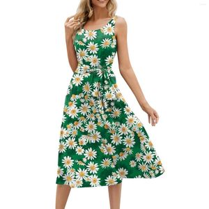 Vestidos casuais verão para mulheres 2024 praia lose redonda no pescoço mangas midi A-line Swing Dress Sundresses with Pockets Roupas feminina