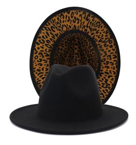 New Black with Leopard Bottom Patchwork Wool Felt Jazz Fedora Hats Men Women Wide Brim Panama Two Tone Party Wedding Formal Hat8553646