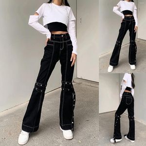 Jeans da donna alla moda dimagrante casual lace-up decorato decorato a vita alta pantaloni neri joggers harajuku streetwear