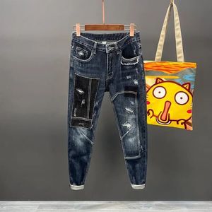 Calças com buracos jeans masculinos rasgaram calças cowboys elásticas elásticas elásticas estriadas quebradas y2k streetwear kpop em 240419