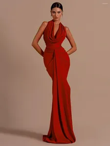 Casual Dresses Modphy Women Sexy Backless Sleeveless Halter V-Neck Red Draped Maxi Long Bodycon Dress 2024 Elegant Pary Evening Wedding