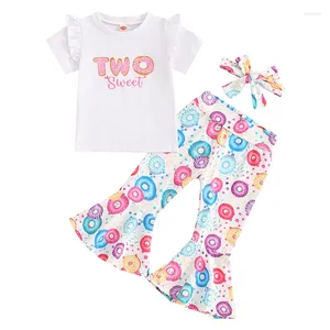 Set di abbigliamento Pudcoco Baby Girl Girl Birthday Outfit T-shirt a manica corta con pantaloni a campana stampata a ciambella e fascia per la testa 18m-3t