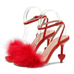 Dress Shoes Fuzzy Feather Buckle Strap Sandals Womens Fashion Summer Strange High Heels Sexy Wedding Stripper Party Pumps Women H240430