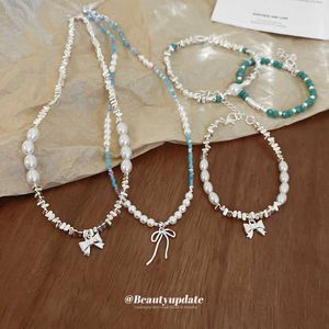 Bracelet & Necklace Minimalist Pearl Rice Bead Bow Set Unique Design Sense Collar Chain Fashionable New Neckchain for Women