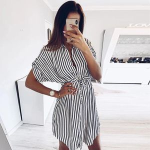 Casual Dresses for Women 2024 Drawstring Party Woman Night Mini Stripe Short Sleeve Print Lapel Shirt Dress Single Breasted Sundress