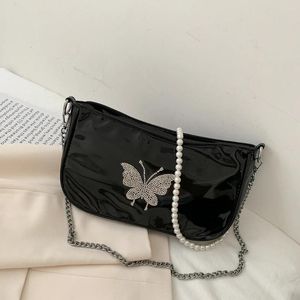 Bag Fashion Butterfly Rhinestones Handbag Women Pearl Chain PU Leather Shoulder Crossbody Underarm Sling Purse For Girls