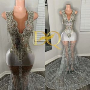 Sier O Neck Long Prom Dress For Black Girls 2024 Beaded Crystal Diamond Birthday Party Dresses Evening Gowns Tassel Robe De Ba 0431