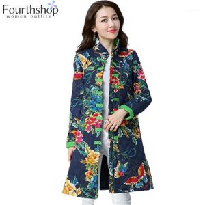 Women's Jackets 2021 Winter Women Long And Coats Floral Printed Fashion Stand Collar Paded Overcoat Chinese Windbreaker Plus Size 2190