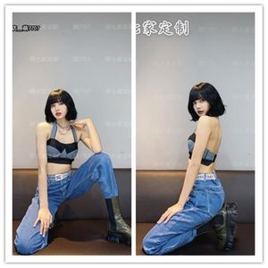 kpop TWICE EXO IU dance show same sexy sleeveless strapless halter vest tops blue loose High waist jeans two piece set women X0924 237m