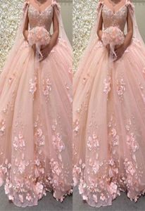 2022 Romantisk rosa 3d blommor blommor boll klänning quinceanera prom klänningar med cape wrap caftan sexig kristallpärlad spets lång söt 5354134