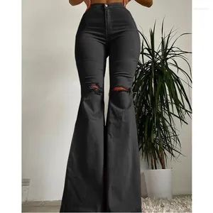 Women's Jeans 2024 Woman Slim Fit Solid Color Bell-bottoms Classic Style Ripped High Waist Long Denim Pants Street