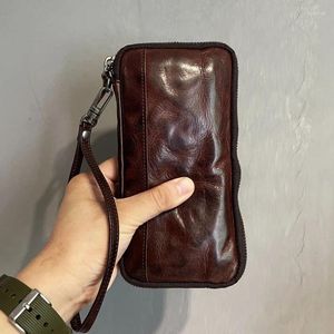 Plånböcker Eumoan läder plånbok Men långa dragkedja trendig retro mobiltelefonpåse japansk och koreansk enkel koppling