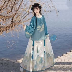 Etnik Giyim Orijinal Hanfu Kadın Yeşil Parlak Yuvarlak Yakası Robe At Yüz Etek Taze Günlük İlkbahar ve Yaz
