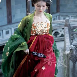 エスニック服ハンフタン重工業刺繍中国伝統スタイル春夏スカートレッドグリーンビッグスリーブシャツ高品質のガウン
